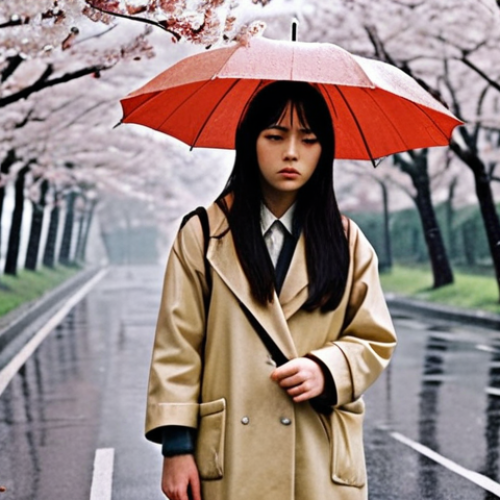 Home 4 **
A melancholic scene in 1960s Tokyo, inspired by "Norwegian Wood." A young woman with long dark hair stands in the rain, looking lost and reflective. Cherry blossoms fall around her. The atmosphere is filled with a sense of nostalgia and longing. Soft, muted colors.
**