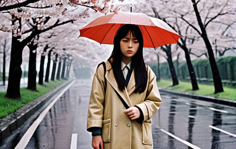 **
A melancholic scene in 1960s Tokyo, inspired by "Norwegian Wood." A young woman with long dark hair stands in the rain, looking lost and reflective. Cherry blossoms fall around her. The atmosphere is filled with a sense of nostalgia and longing. Soft, muted colors.
**