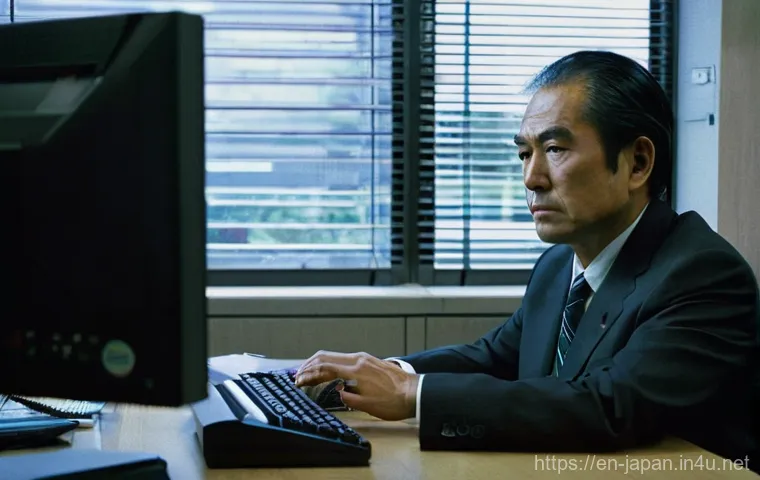 일본 내 직장 생활과 워라밸 - **Image Prompt 1: The Weight of Dedication**
    A solo, middle-aged Japanese salaryman sits hunched...