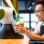 일본의 최신 IT 트렌드 - **A sleek, futuristic robot barista serving a perfectly crafted latte to a smiling customer in a bri...