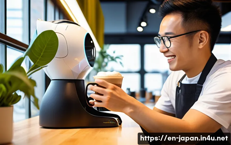 일본의 최신 IT 트렌드 - **A sleek, futuristic robot barista serving a perfectly crafted latte to a smiling customer in a bri...