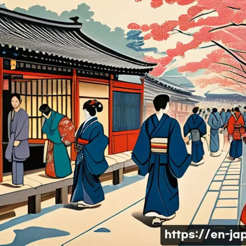 일본 전통 목판화 우키요에 - A detailed Ukiyo-e style woodblock print depicting a lively Edo period marketplace scene with men an...