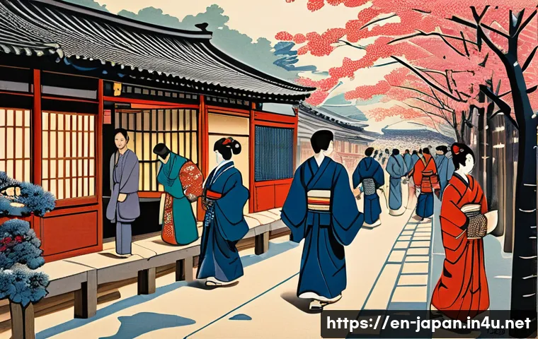 일본 전통 목판화 우키요에 - A detailed Ukiyo-e style woodblock print depicting a lively Edo period marketplace scene with men an...