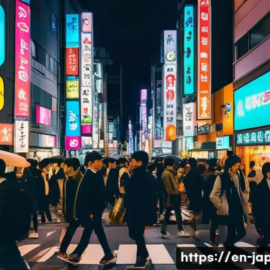 일본 도쿄 여행 가이드 - A vibrant nighttime street scene in Shibuya, Tokyo, showcasing the famous scramble crossing filled w...