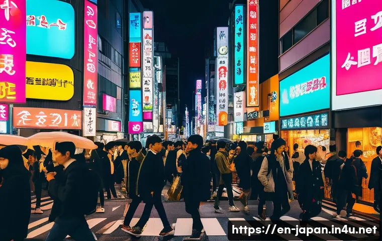 일본 도쿄 여행 가이드 - A vibrant nighttime street scene in Shibuya, Tokyo, showcasing the famous scramble crossing filled w...