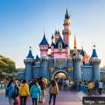 Home 22 일본 디즈니랜드 이용 꿀팁 - A vibrant early morning scene at Tokyo Disneyland entrance, showing families and excited visitors en...