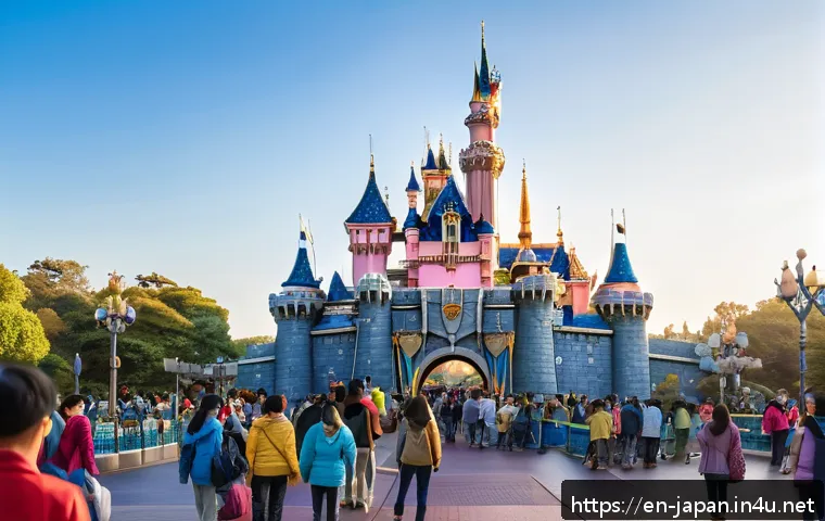 일본 디즈니랜드 이용 꿀팁 - A vibrant early morning scene at Tokyo Disneyland entrance, showing families and excited visitors en...
