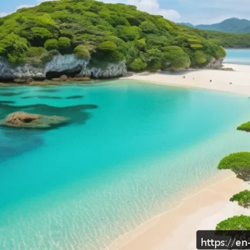 Home 33 일본 오키나와 해변 추천 - A serene hidden beach in Okinawa at early morning light, featuring a long stretch of soft, white san...