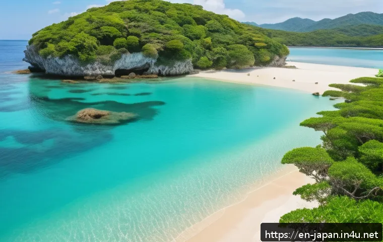 일본 오키나와 해변 추천 - A serene hidden beach in Okinawa at early morning light, featuring a long stretch of soft, white san...