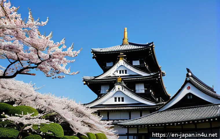 일본 나고야 관광 코스 - A detailed, vibrant scene of Nagoya Castle during early morning light, featuring the iconic golden s...
