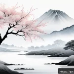 Home 18 일본 전통 예술 문학과 시가 - A serene sumi-e ink painting scene depicting a delicate Japanese landscape with minimalistic brushst...