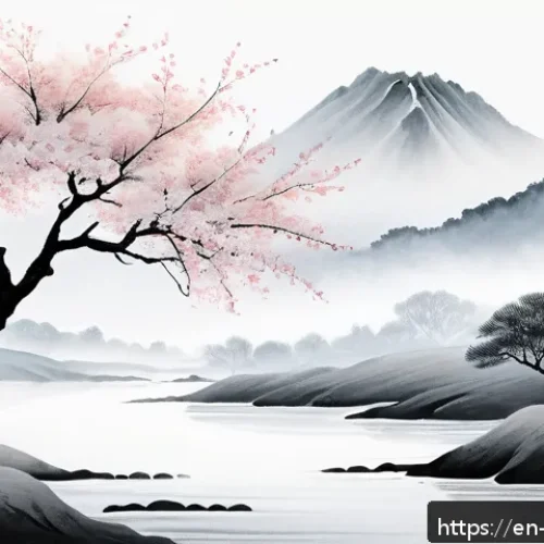Home 30 일본 전통 예술 문학과 시가 - A serene sumi-e ink painting scene depicting a delicate Japanese landscape with minimalistic brushst...