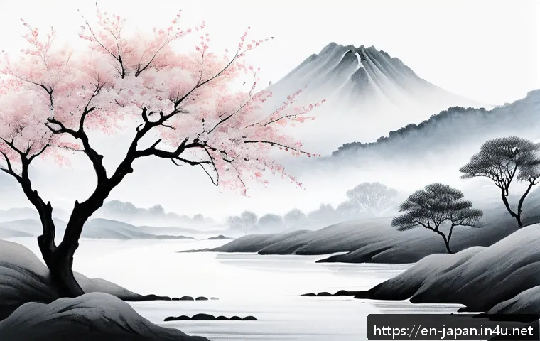 일본 전통 예술 문학과 시가 - A serene sumi-e ink painting scene depicting a delicate Japanese landscape with minimalistic brushst...