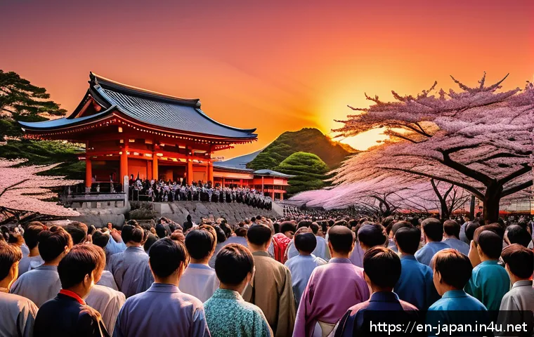 일본의 국가 상징  국기 국가 - A vibrant depiction of the Rising Sun flag waving majestically at a traditional Japanese festival du...