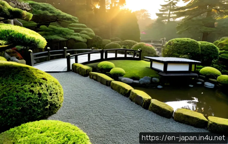 Home 17 일본 전통 정원 조경 - Photorealistic traditional Japanese garden landscape at sunrise, carefully raked pale gravel with fl...