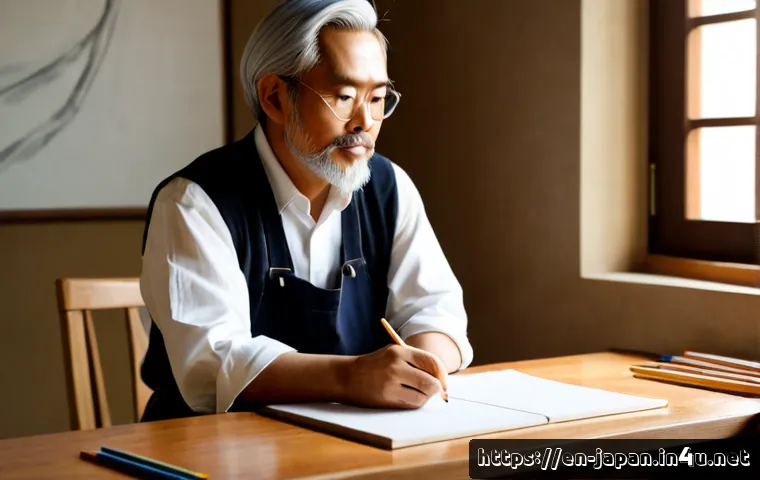 일본 유명인 하야오 미야자키 - Photorealistic editorial portrait of Hayao Miyazaki, elderly Japanese animation director with silver...