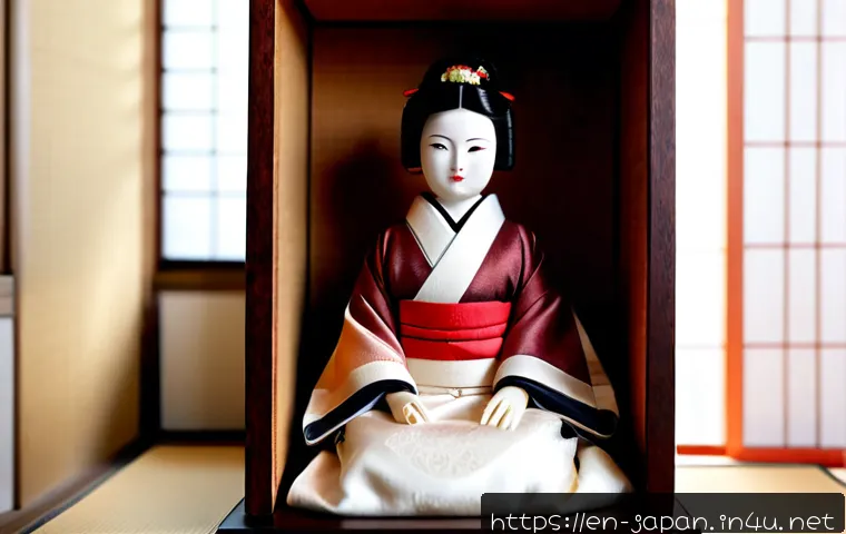 일본 전통 인형 하코하나 - Photorealistic close-up of a traditional Japanese Hako Hana doll displayed inside an open handcrafte...